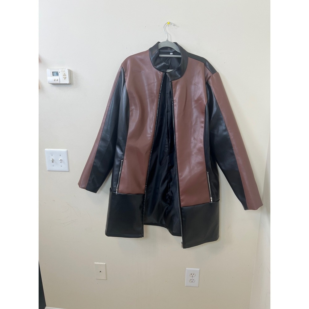 Plus Size Faux Leather Color Block Mid Length Zip Front Jacket 2XL - Picture 3 of 13